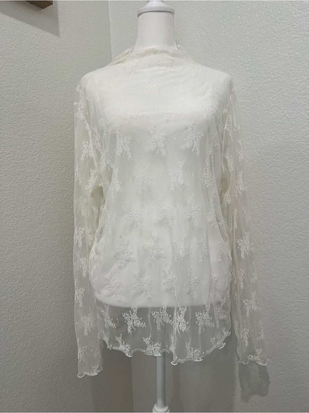 a.n.a White Sheer Lace-Embroidered Long Sleeve Top